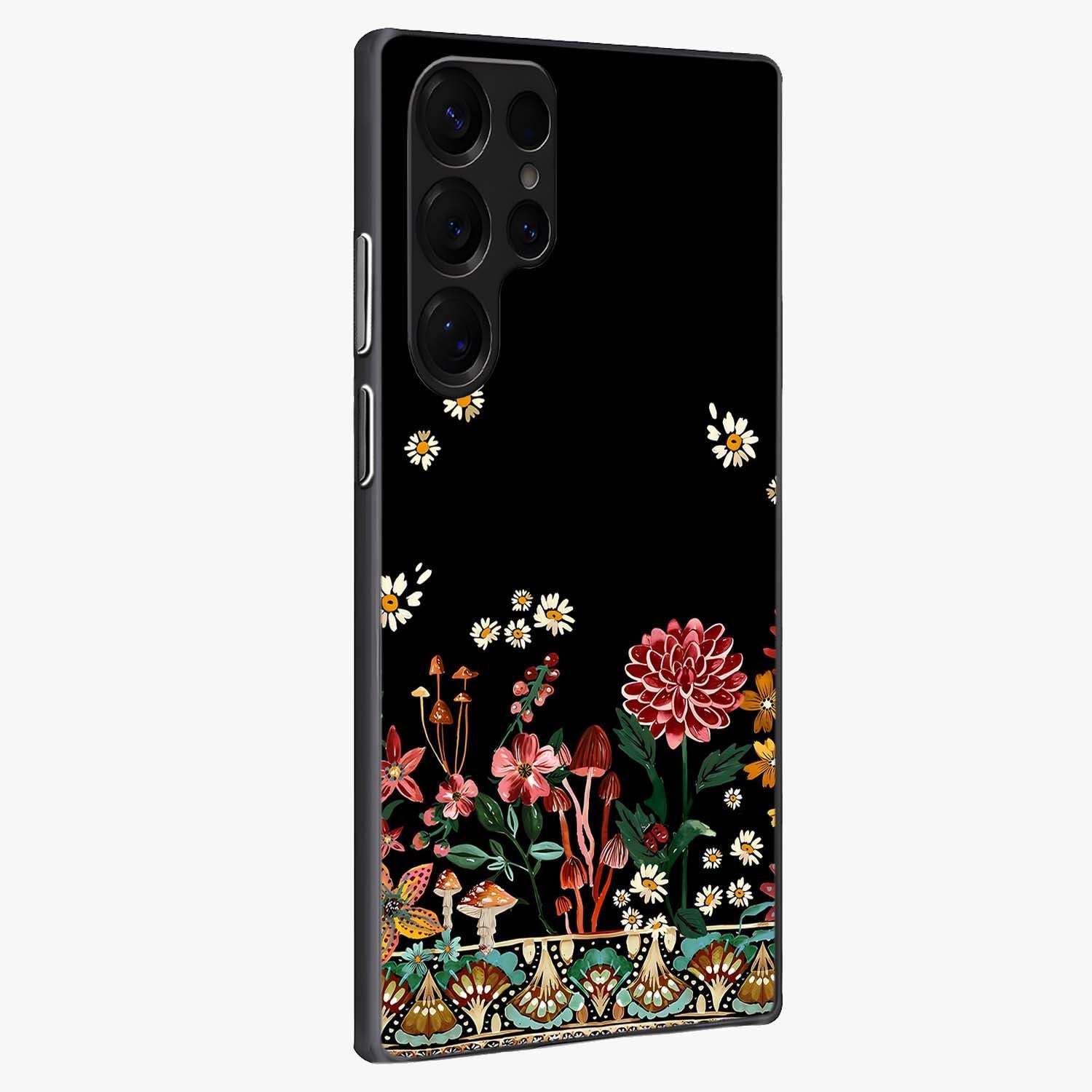 Midnight Bloom Pattern Glass Case upright view showcasing decorative floral artwork with deep night themed palette.