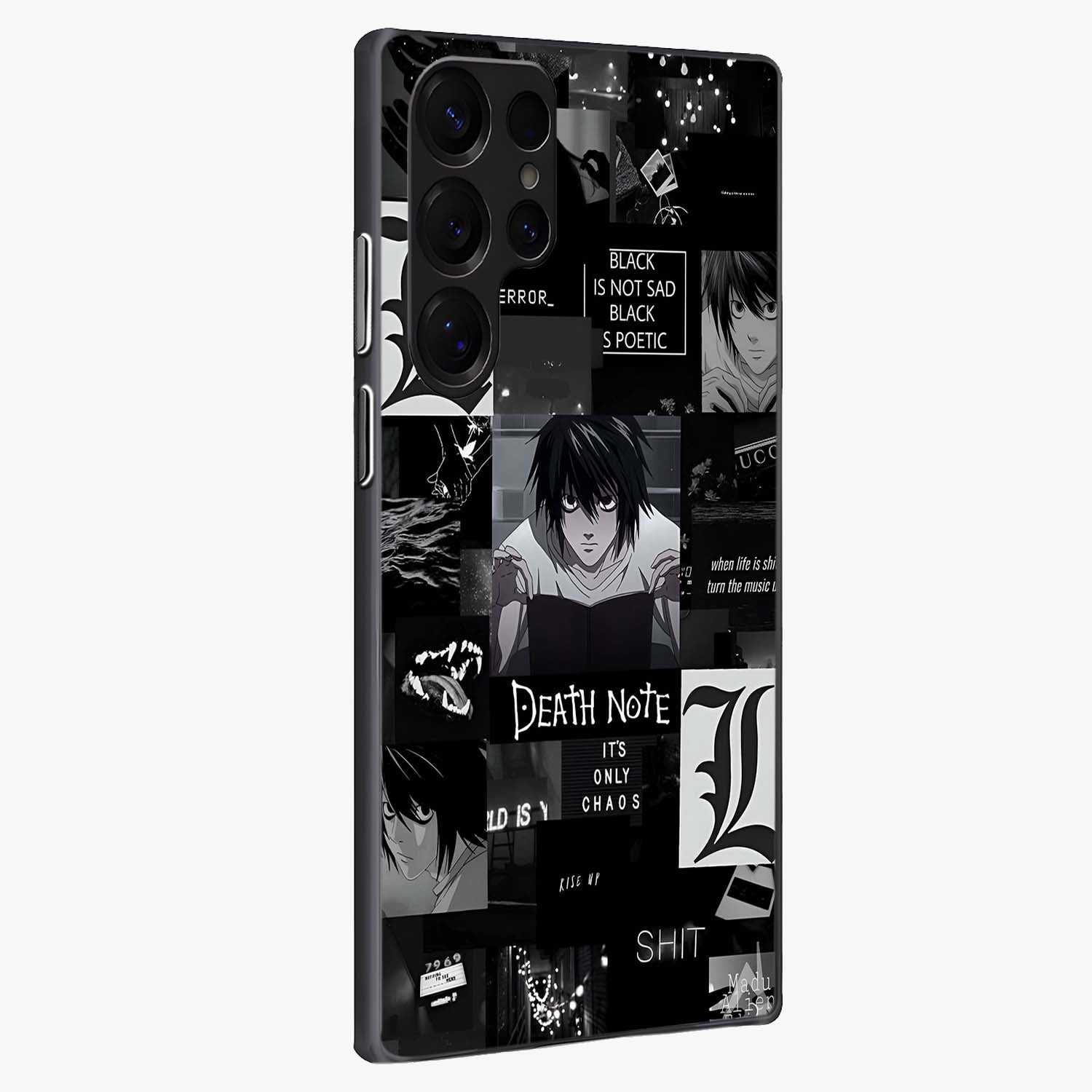 Midnight Chaos Mind Glass Case upright view showcasing expressive abstract artwork with bold dark theme.