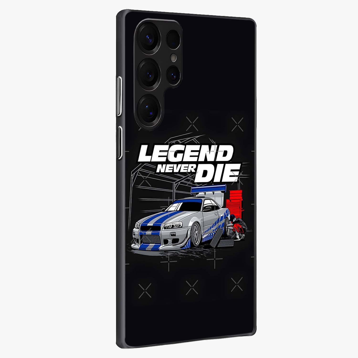 Midnight Racing Legacy Glass Case upright view showcasing powerful racing artwork with modern sports theme.