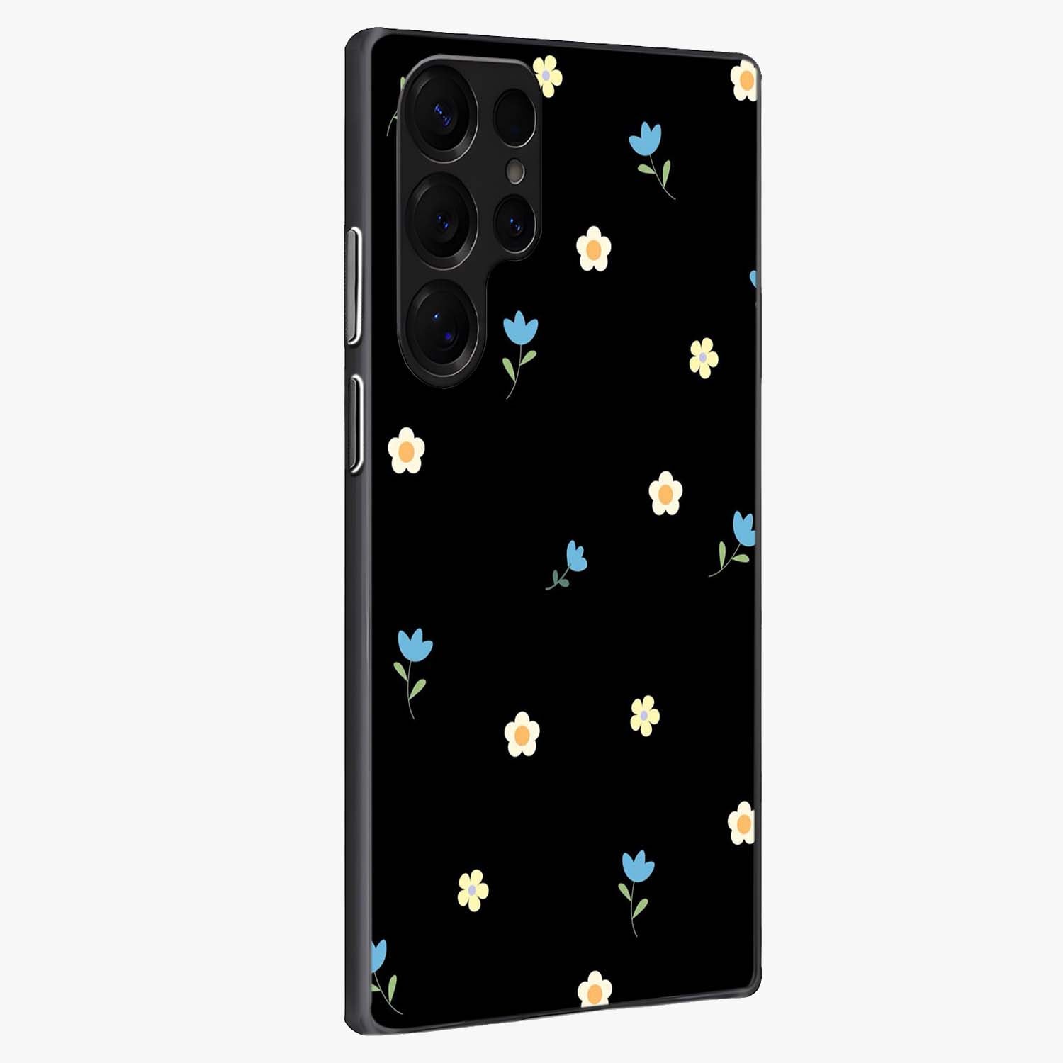 Minimal Petal Whispers Glass Case upright view showcasing elegant floral artwork with modern minimalist style.