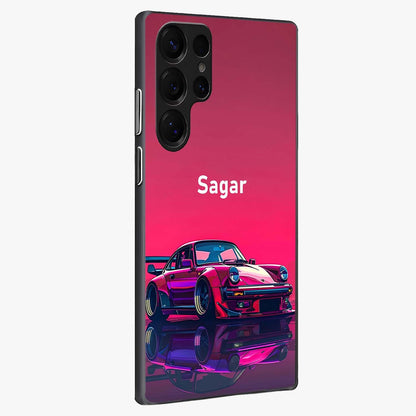 Neon Pink Porsche Glass Case upright view showcasing vibrant sports car artwork with bold automotive theme.
