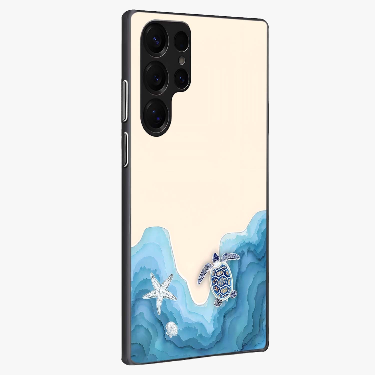 Ocean Drift Turtle Glass Case upright view showcasing calm underwater turtle artwork with nature inspired theme.