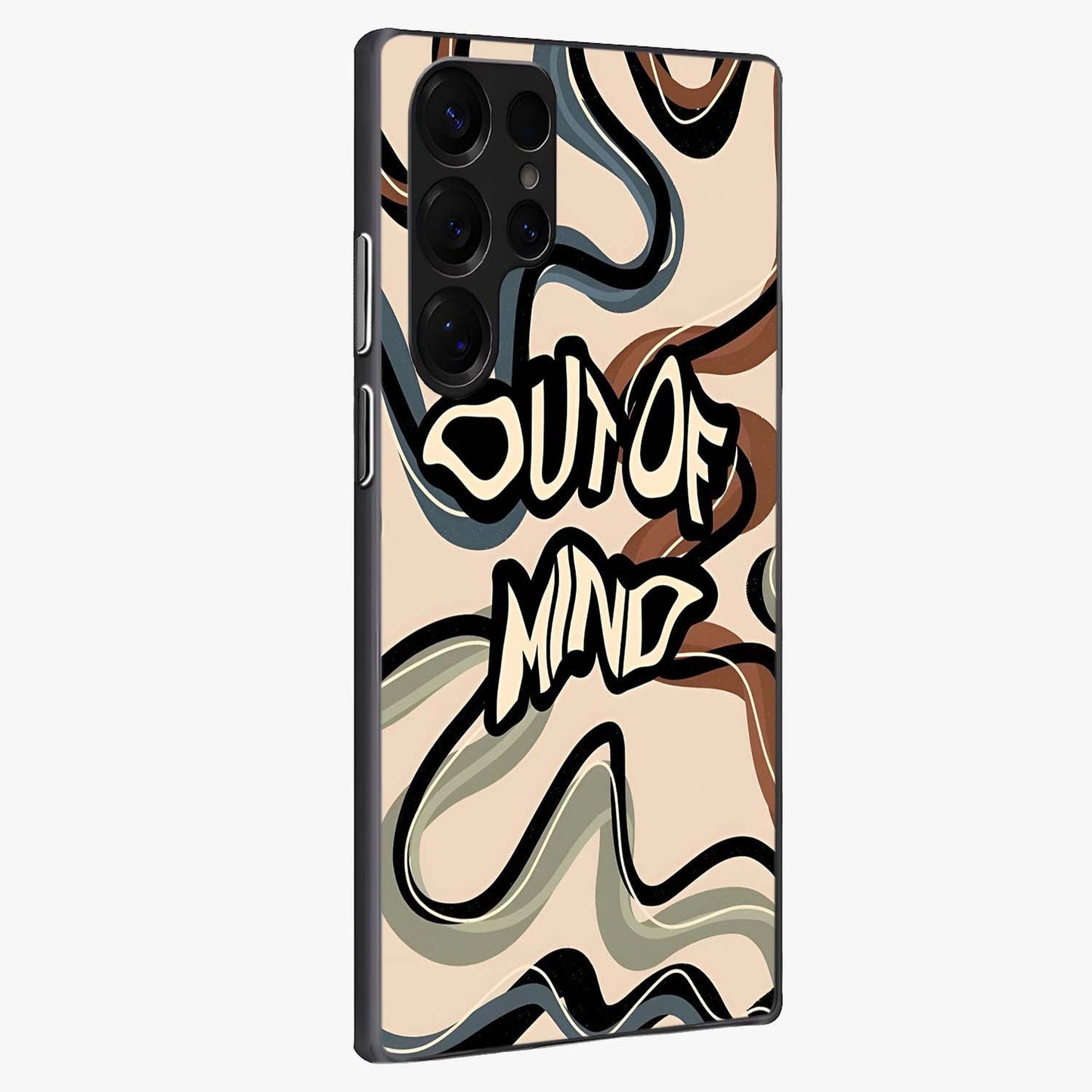 Out Of Mind Glass Case upright view showcasing striking typography artwork with edgy conceptual theme.
