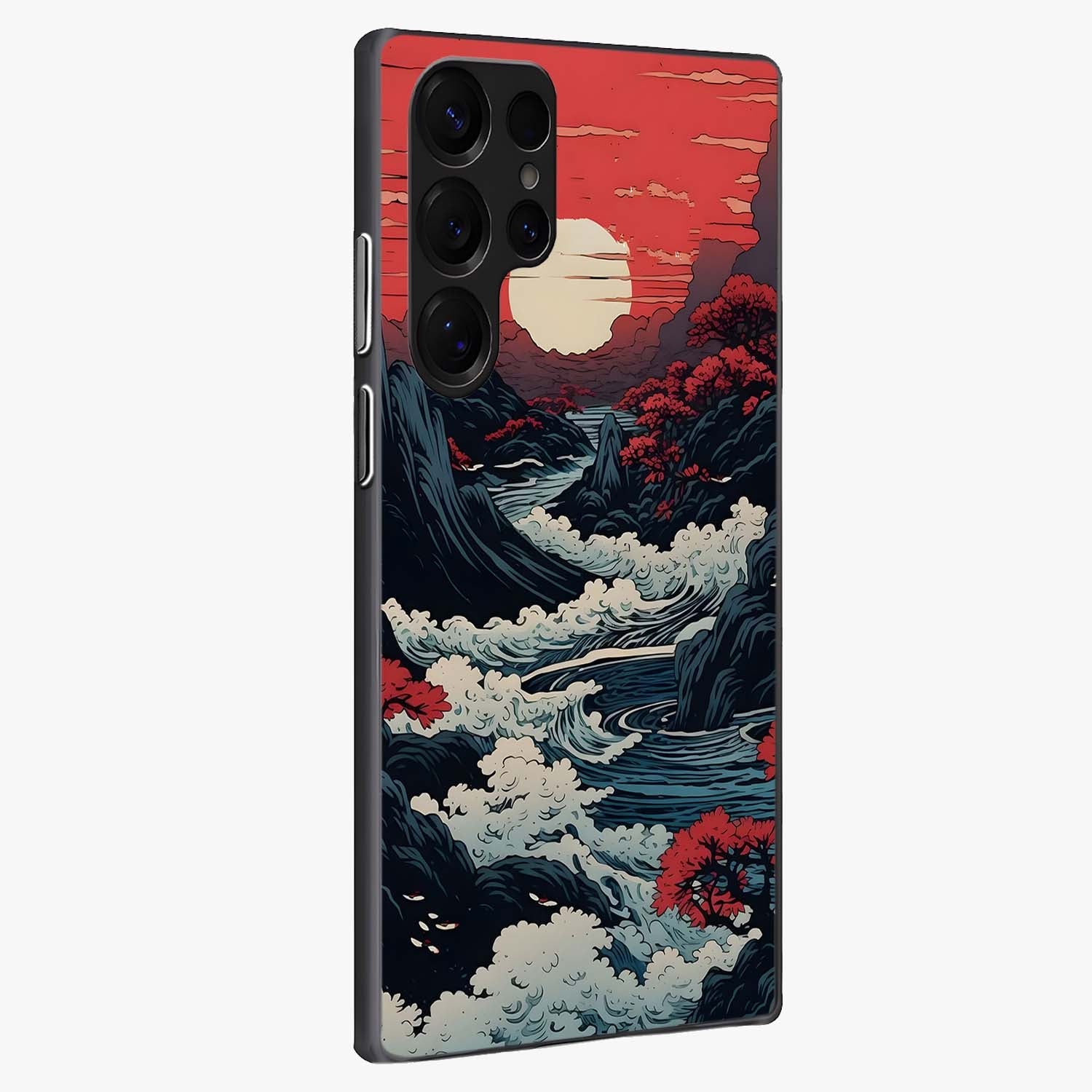 Red Sunset Scenery Glass Case upright view showcasing dramatic sunset scenery artwork with warm nature theme.