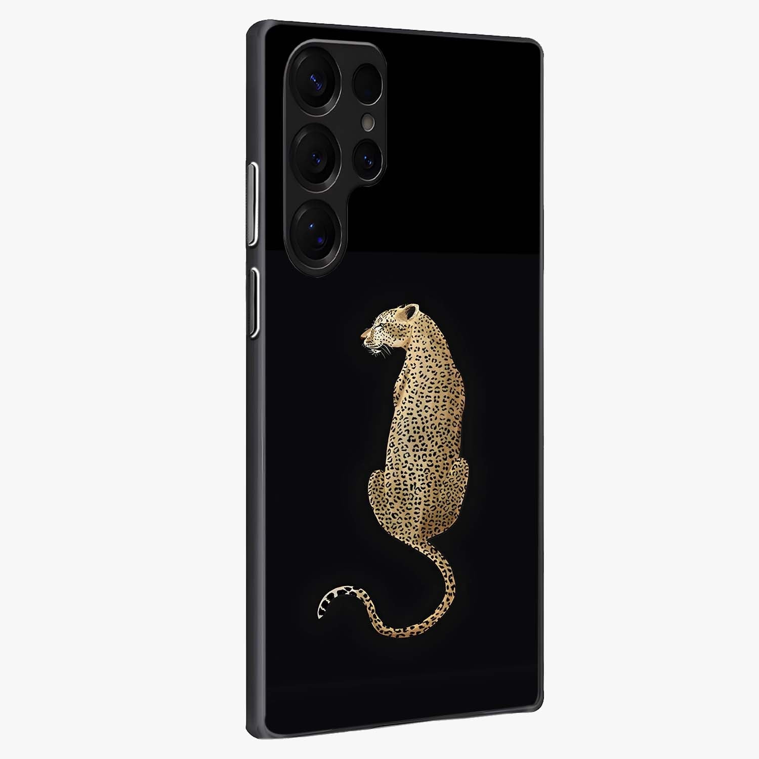 Regal Leopard Glass Case upright view showcasing striking leopard artwork with fierce wildlife theme.