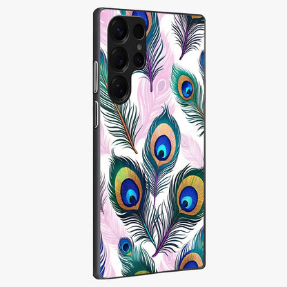 Royal Peacock Feathers Glass Case upright view showcasing elegant peacock feather artwork with decorative royal theme.