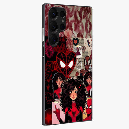 Spider Love Story Glass Case upright view showcasing charming superhero artwork with romantic comic theme.