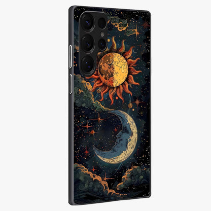 Sun And Moon Magic Design Glass Case upright view showcasing decorative sun and moon artwork with spiritual celestial theme.