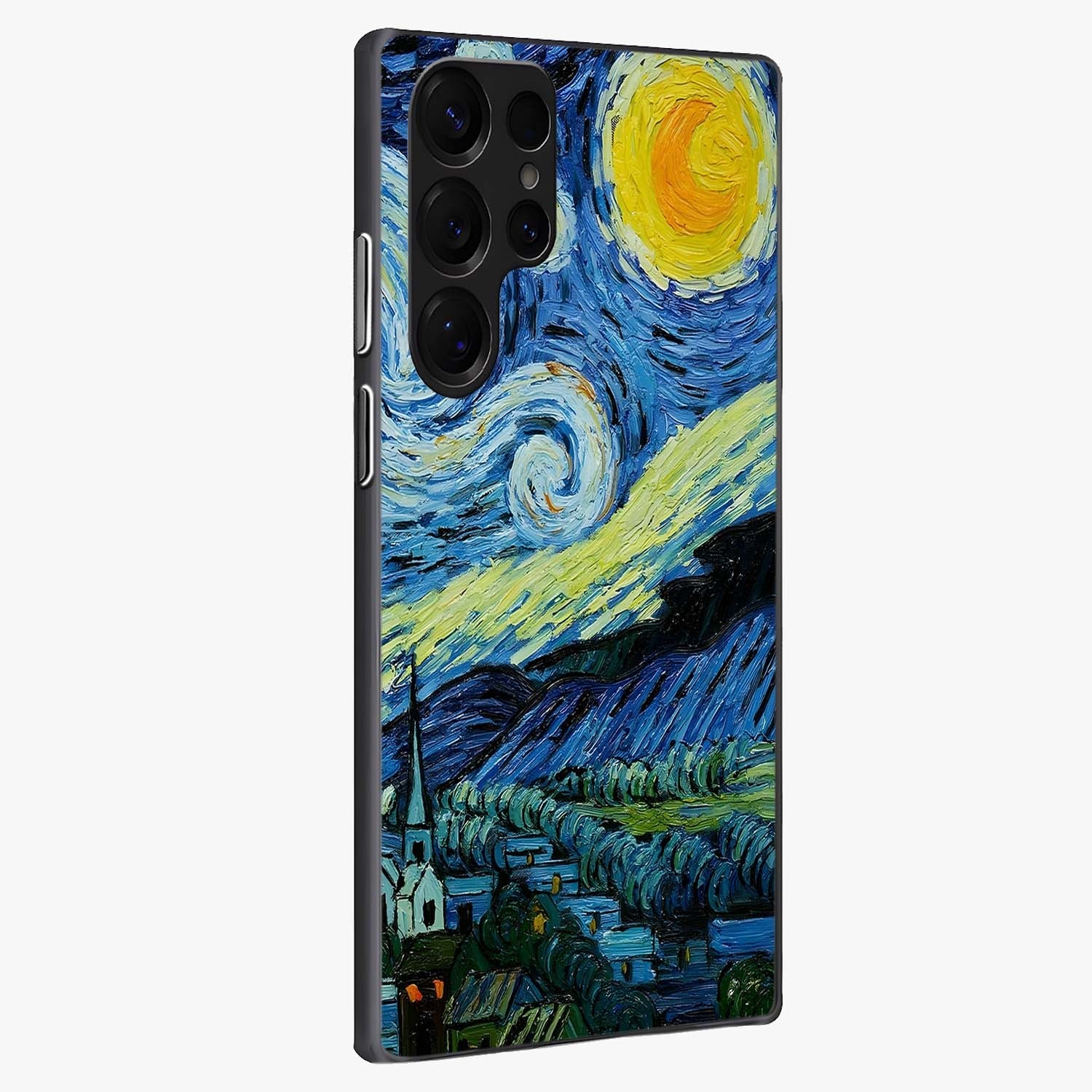 Van Gogh Art Glass Case upright view showcasing expressive painting style artwork with timeless artistic theme.