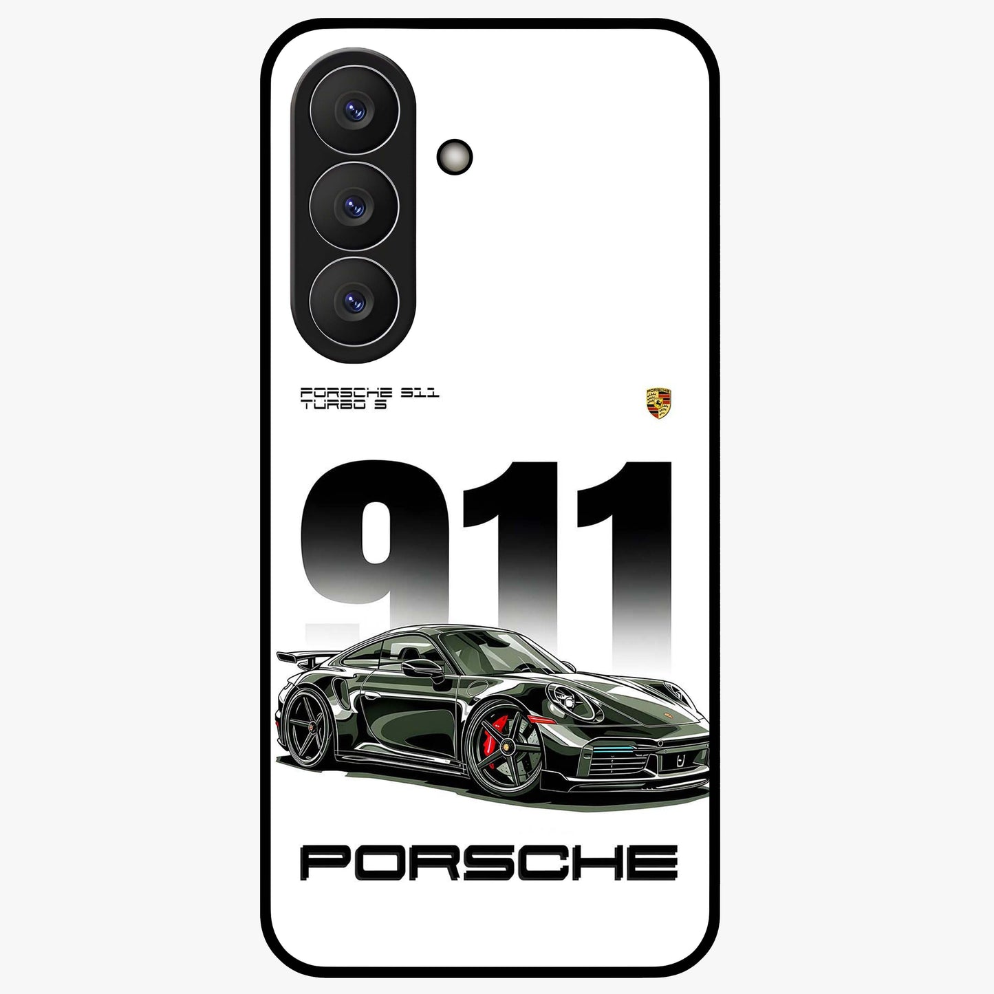 911 Turbo Dominance Glass Case showing clean flat back view with bold 911 sports car artwork and glossy glass finish.