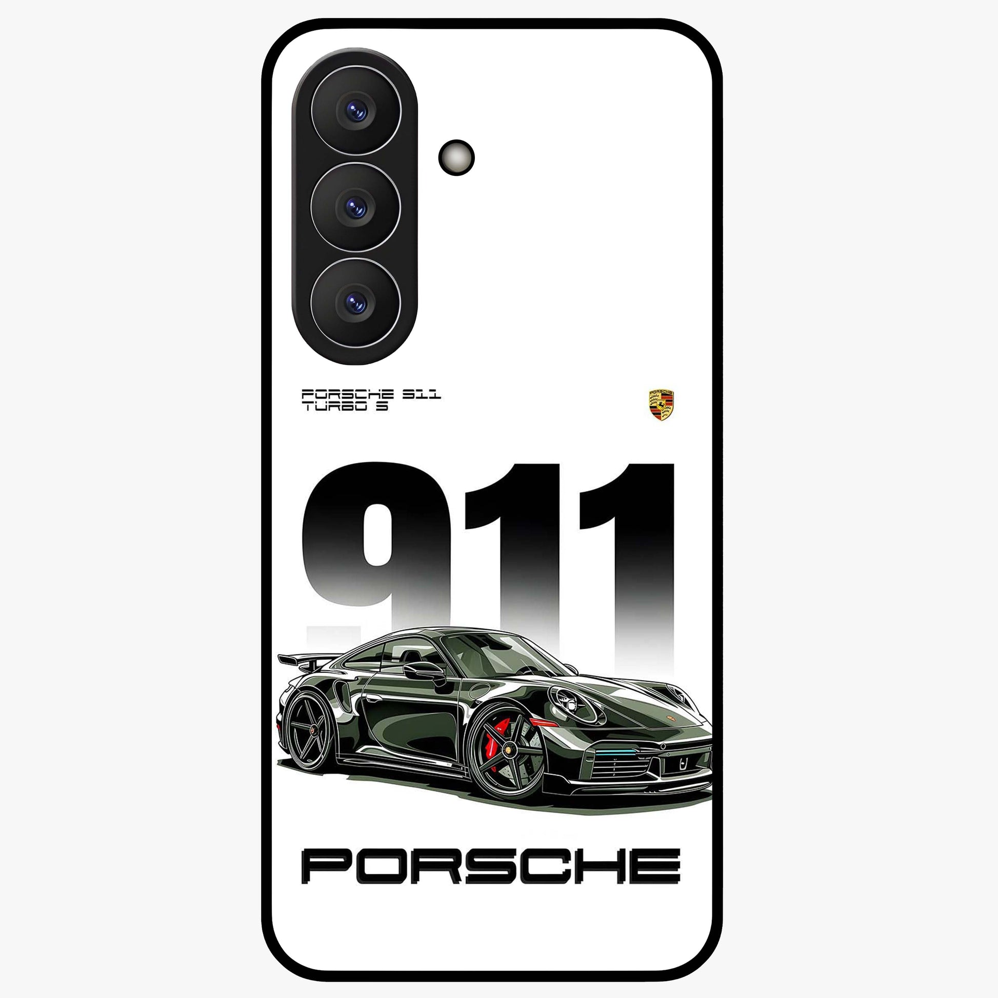 911 Turbo Dominance Glass Case showing clean flat back view with bold 911 sports car artwork and glossy glass finish.