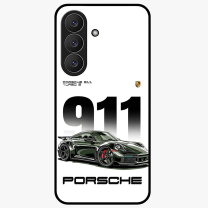 911 Turbo Dominance Glass Case showing clean flat back view with bold 911 sports car artwork and glossy glass finish.
