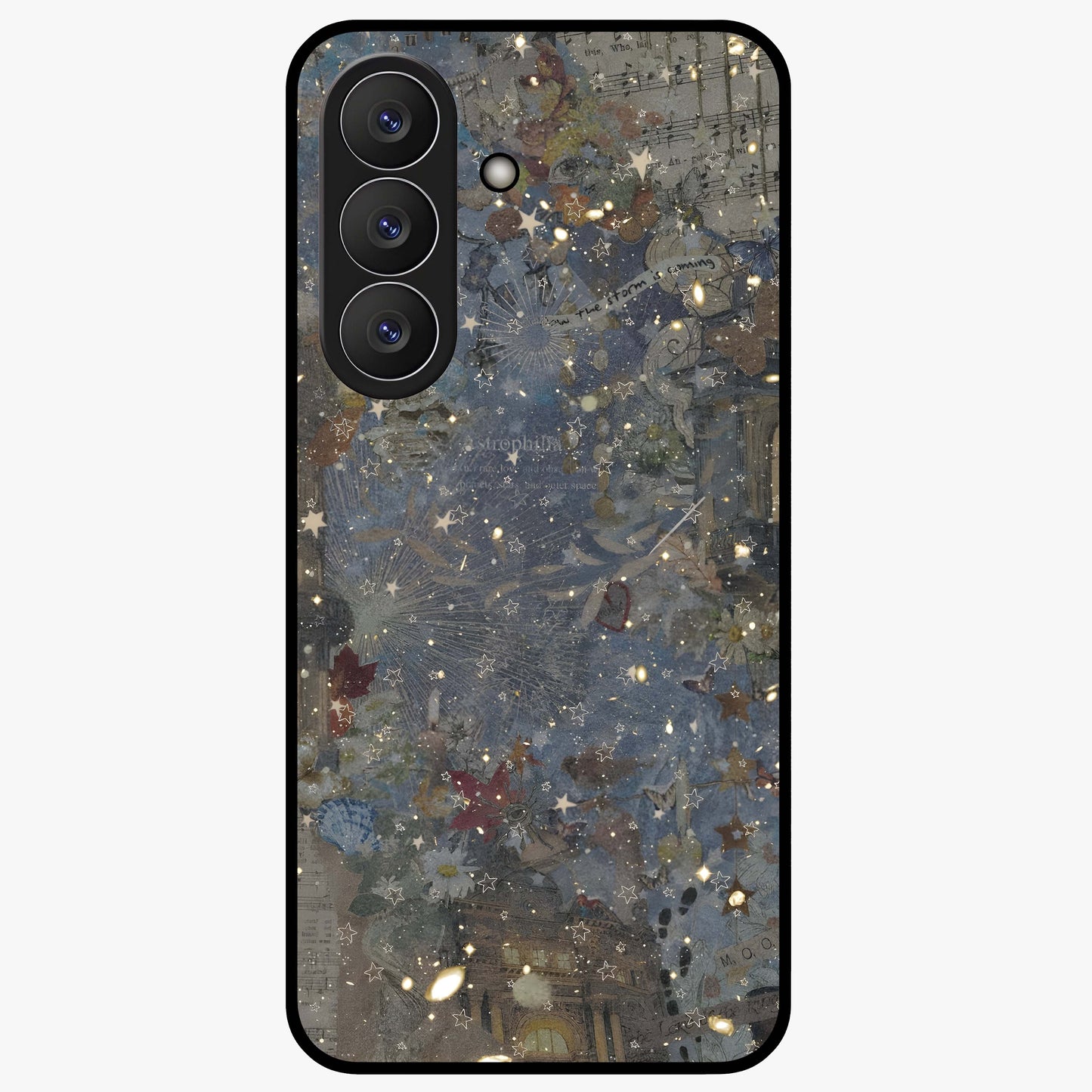 Aesthetic Astrolophia Glass Case showing flat back view with dreamy aesthetic design and glossy glass finish.