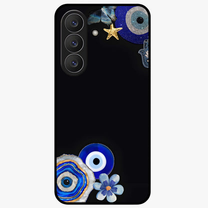 Aesthetic Blue Evil Eye Glass Case showing flat back view with protective evil eye artwork and glossy glass finish.