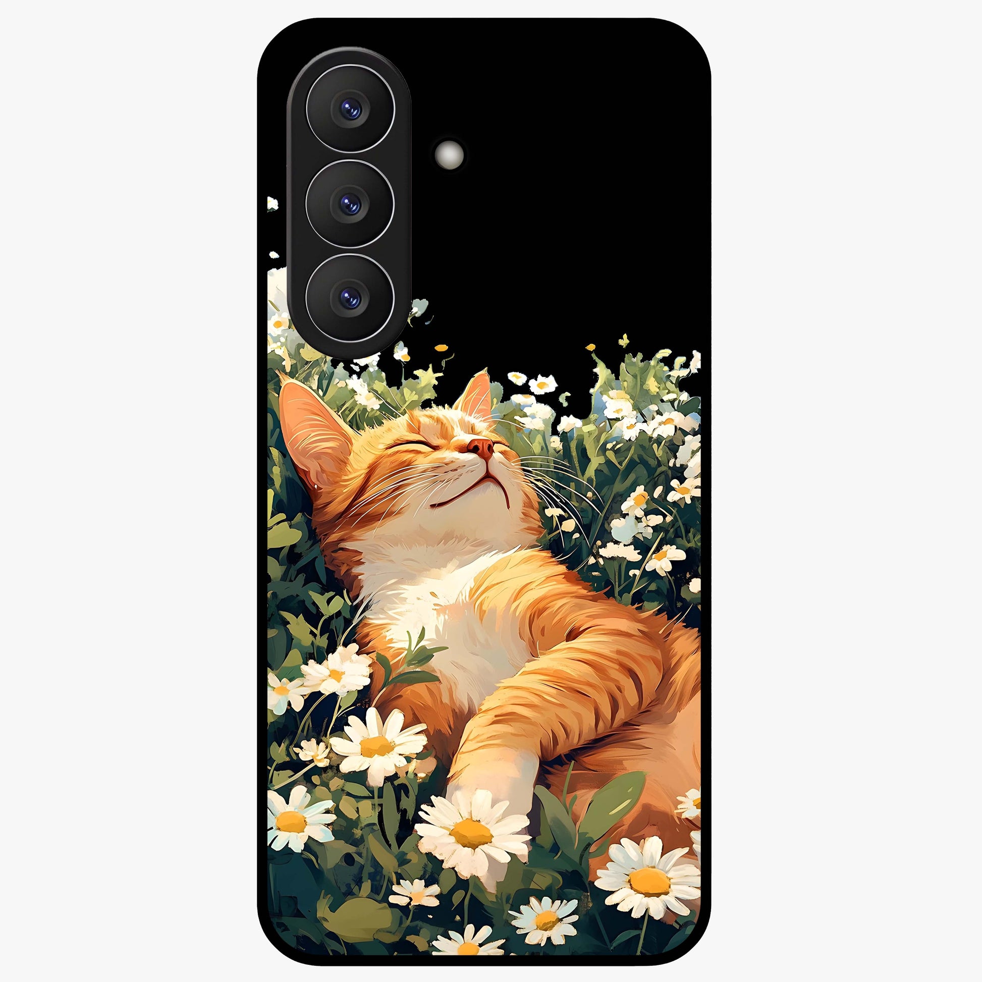 Blissful Bloom Cat Glass Case showing flat back view with cute cat and floral bloom artwork and glossy glass finish.