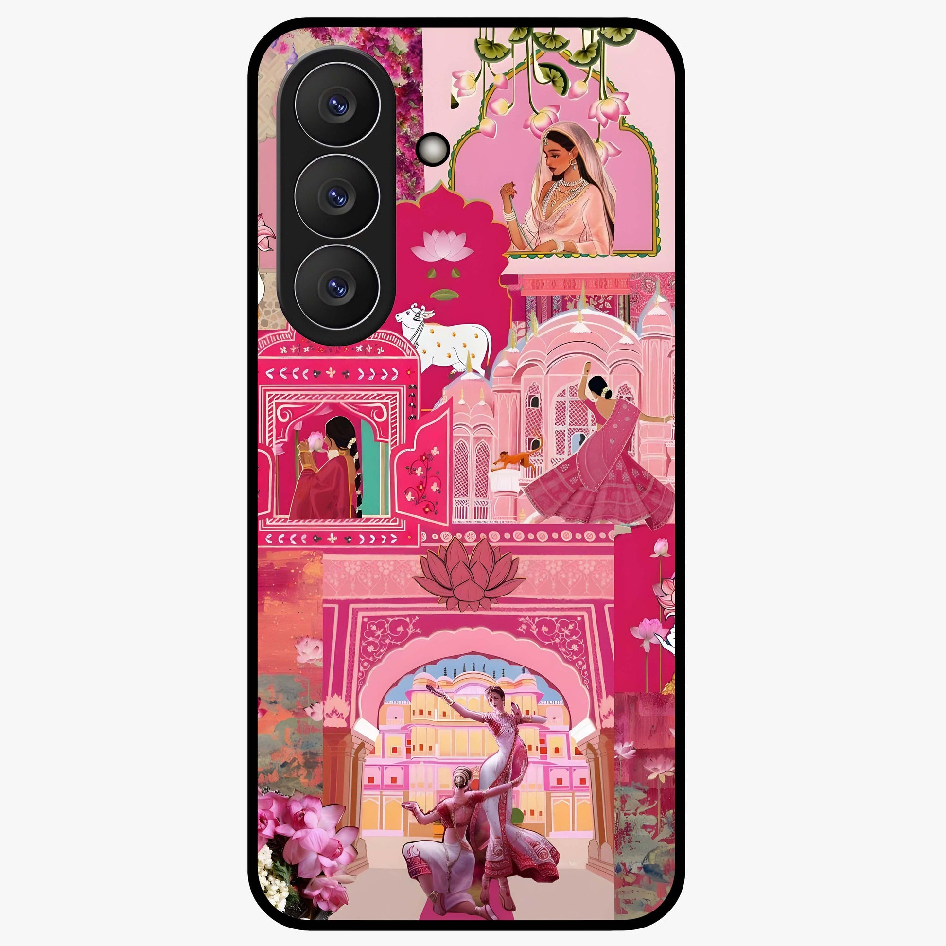 Blossoms of Rajasthan Glass Case showing flat back view with traditional floral artwork inspired by Rajasthan and glossy glass finish.