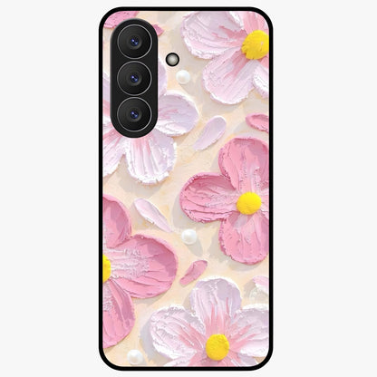 Blush Bloom Texture Glass Case showing flat back view with soft blush floral texture artwork and glossy glass finish.