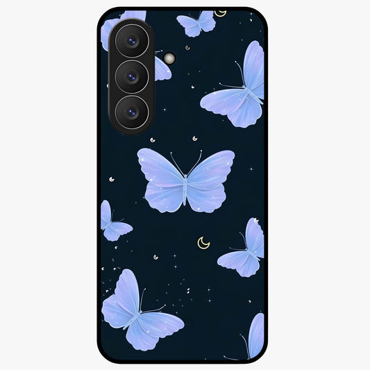 Butterfly With Stars Pattern Glass Case showing flat back view with butterfly and star pattern artwork and glossy glass finish.