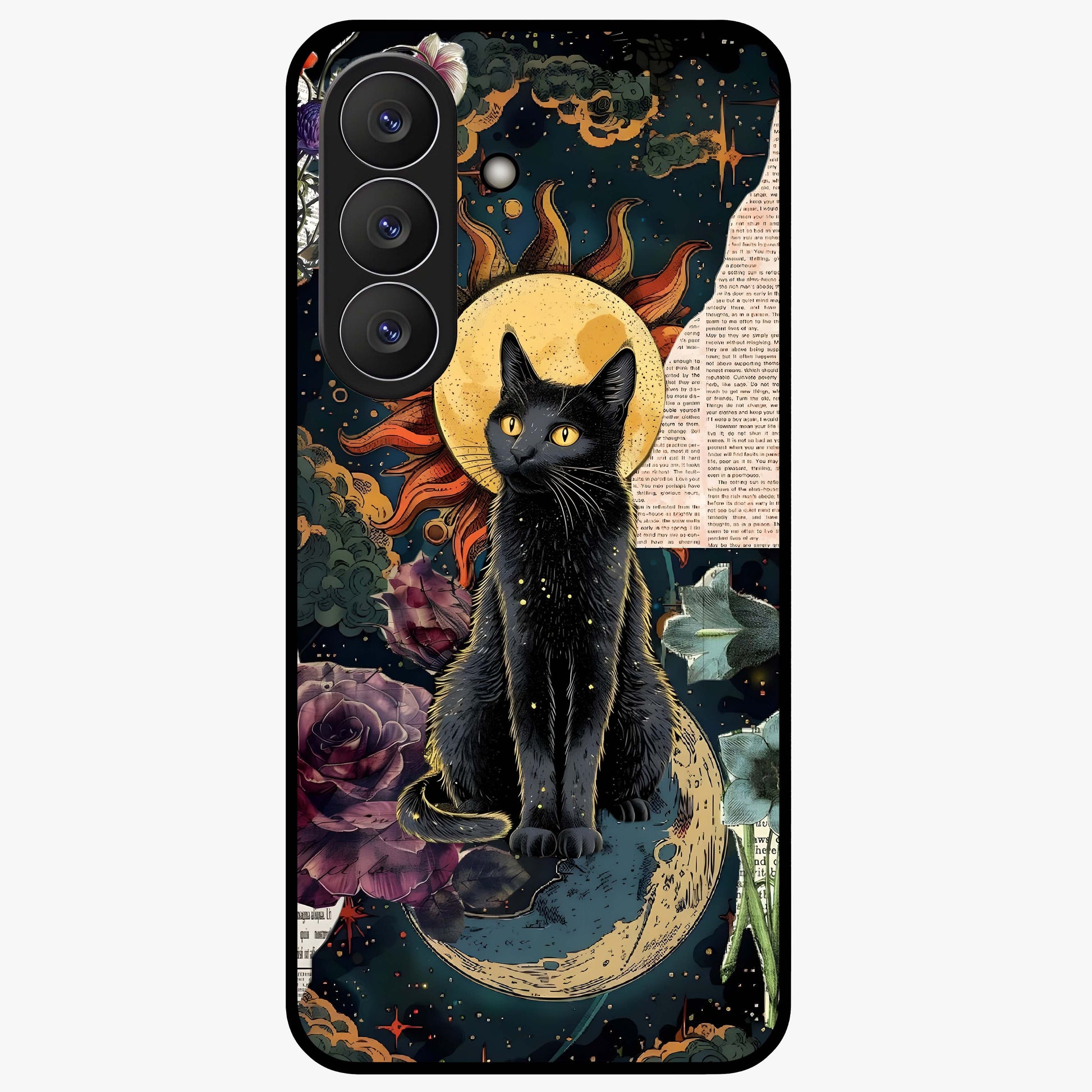 Celestial Black Cat Glass Case showing flat back view with mystical black cat artwork and glossy glass finish.