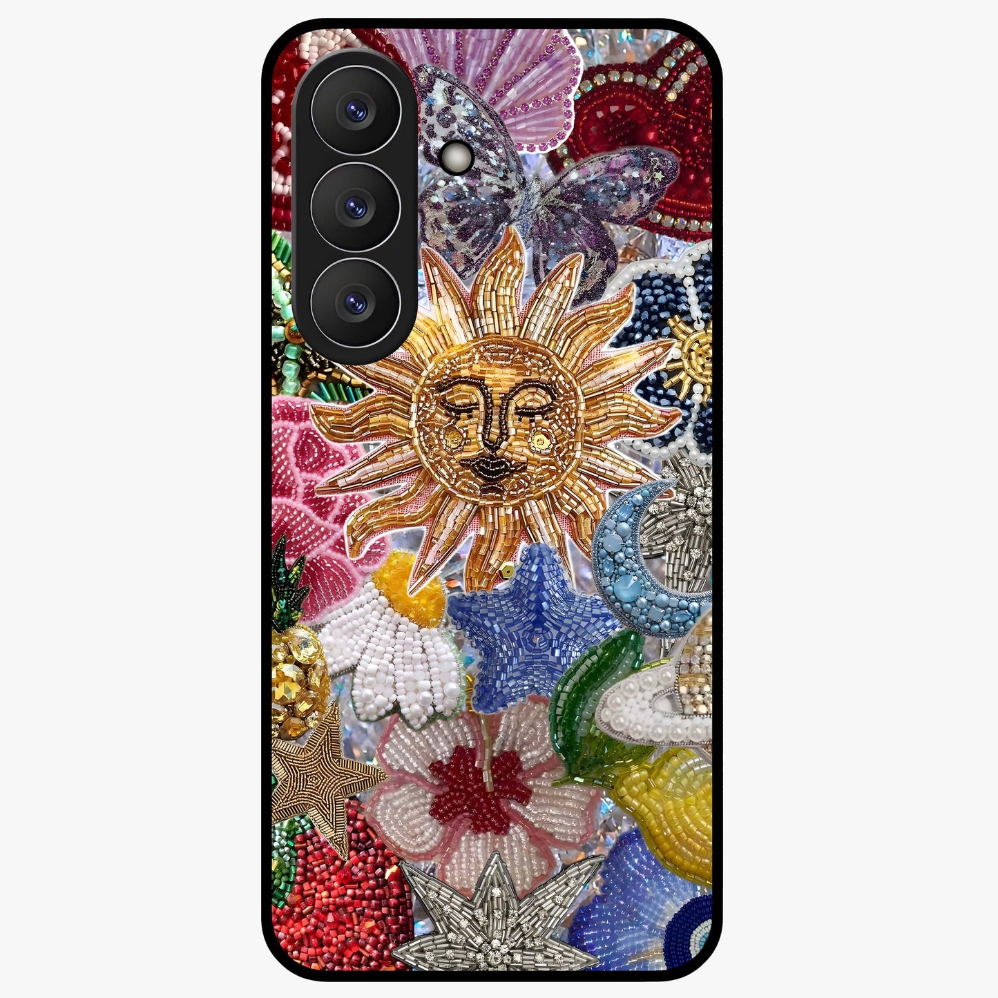 Celestial Floral and Playful Glass Case showing flat back view with floral and celestial themed artwork and glossy glass finish.