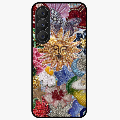 Celestial Floral and Playful Glass Case showing flat back view with floral and celestial themed artwork and glossy glass finish.