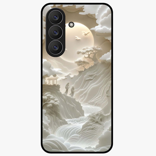 Celestial Origami Glass Case showing flat back view with artistic origami inspired celestial artwork and glossy glass finish.