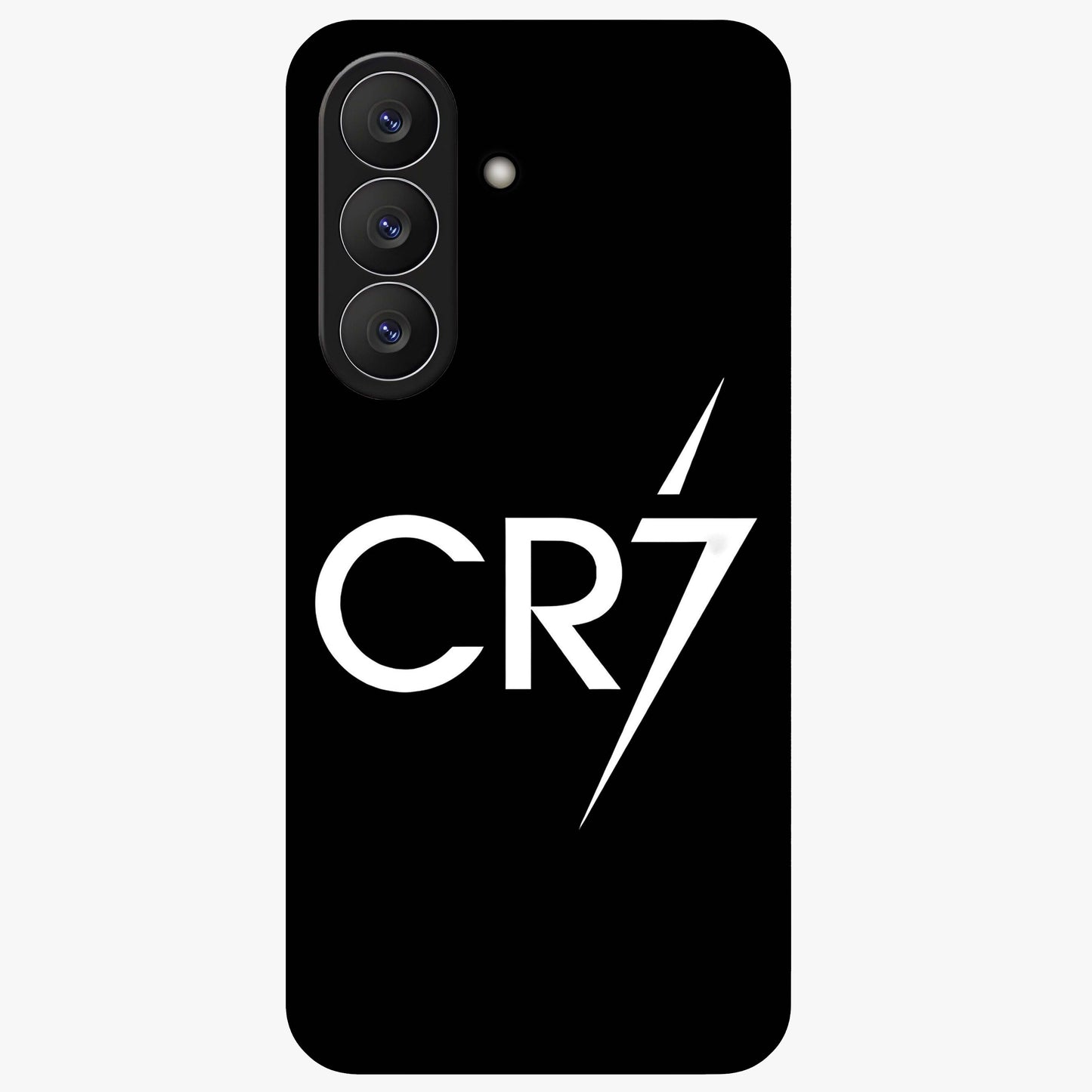 Cr7 Elite Strike Glass Case showing flat back view with dynamic football inspired artwork and glossy glass finish.