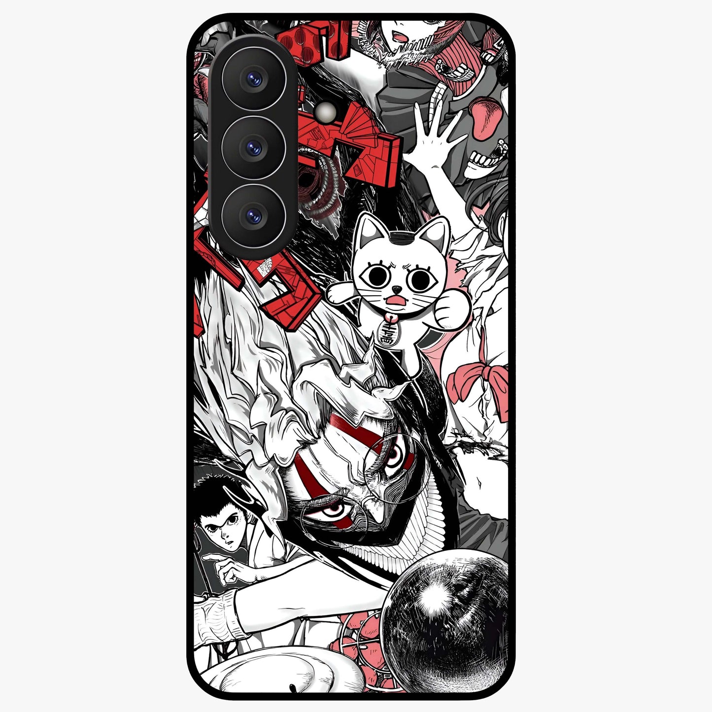 Crimson Chaos Panel Glass Case showing flat back view with bold crimson abstract artwork and glossy glass finish.