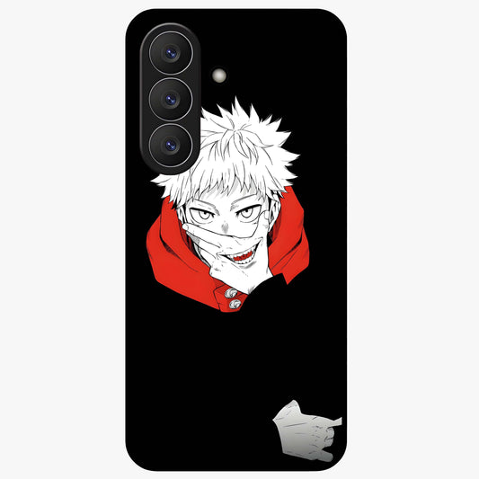 Crimson Chaos Smile Glass Case showing flat back view with bold chaotic smile artwork and glossy glass finish.