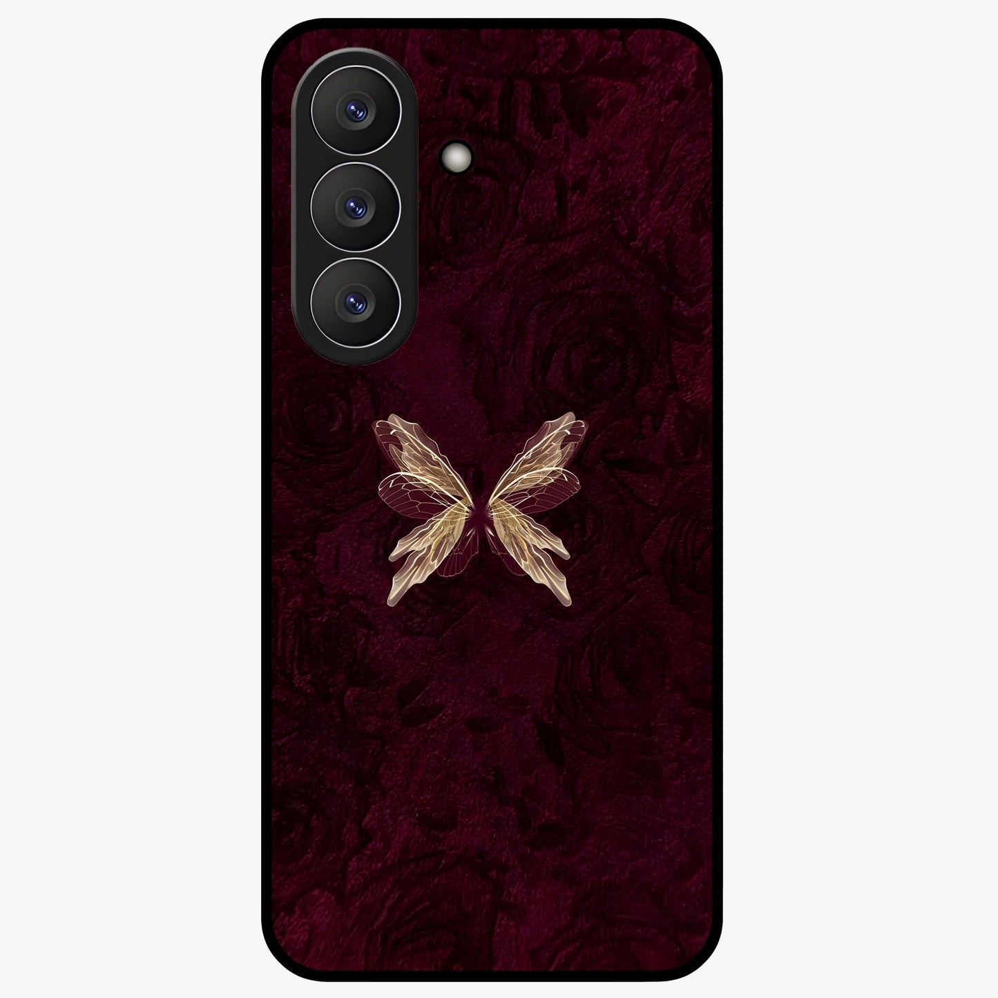 Crimson Fade Butterfly Glass Case showing flat back view with fading butterfly artwork and glossy glass finish.