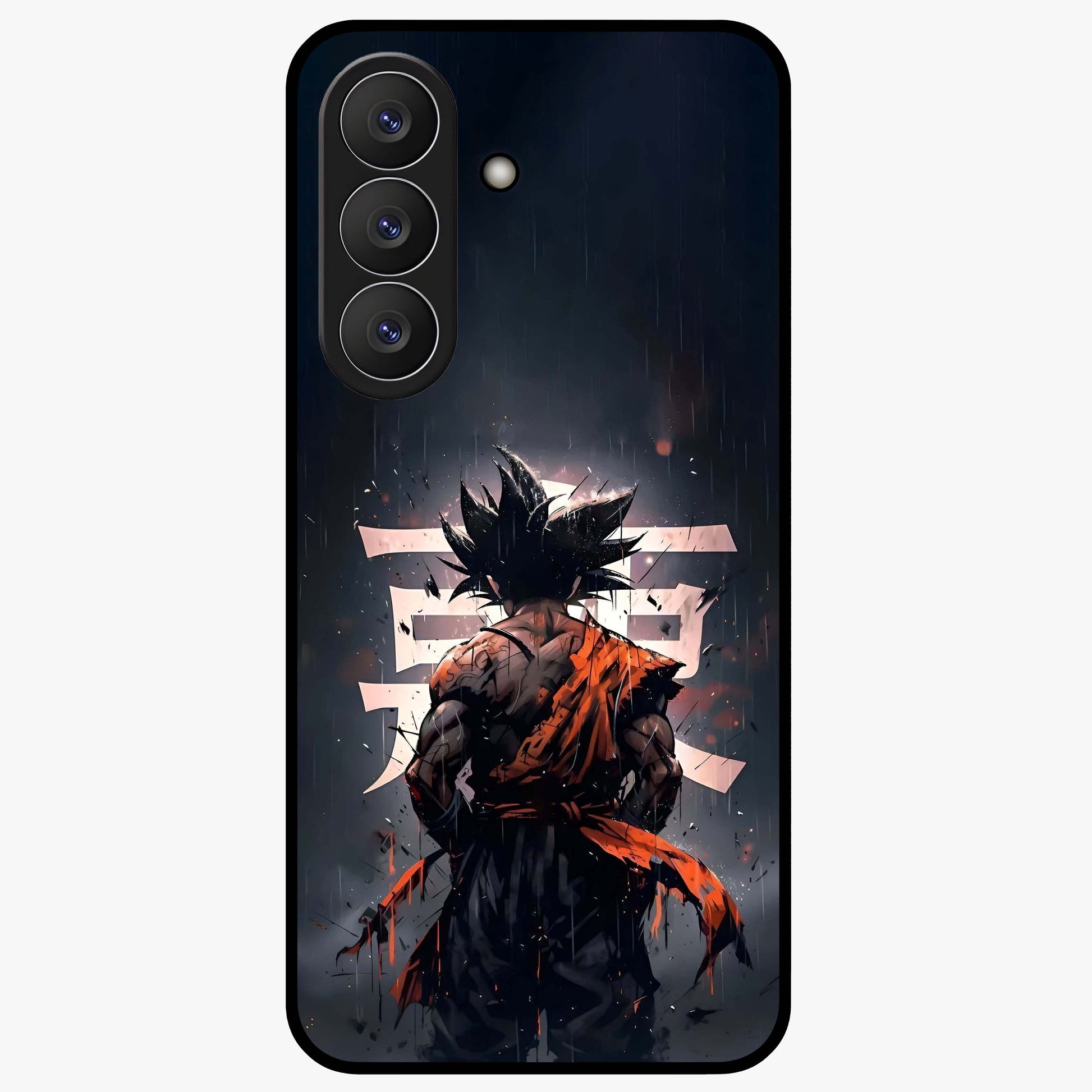 Dark Warrior In Rain Glass Case showing flat back view with warrior artwork in rainy atmosphere and glossy glass finish.