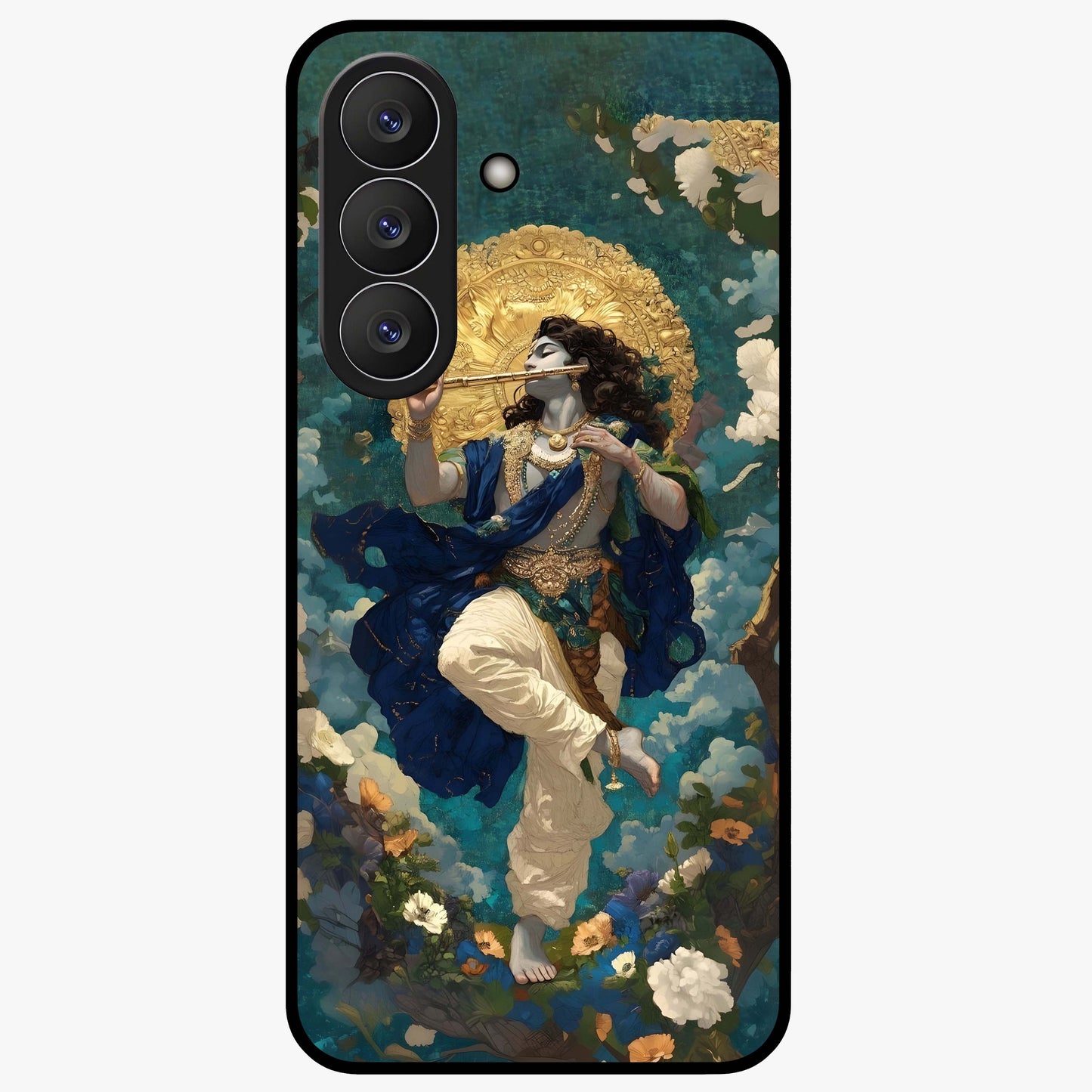 Divine Krishna Art Glass Case showing flat back view with Lord Krishna artwork and glossy glass finish.
