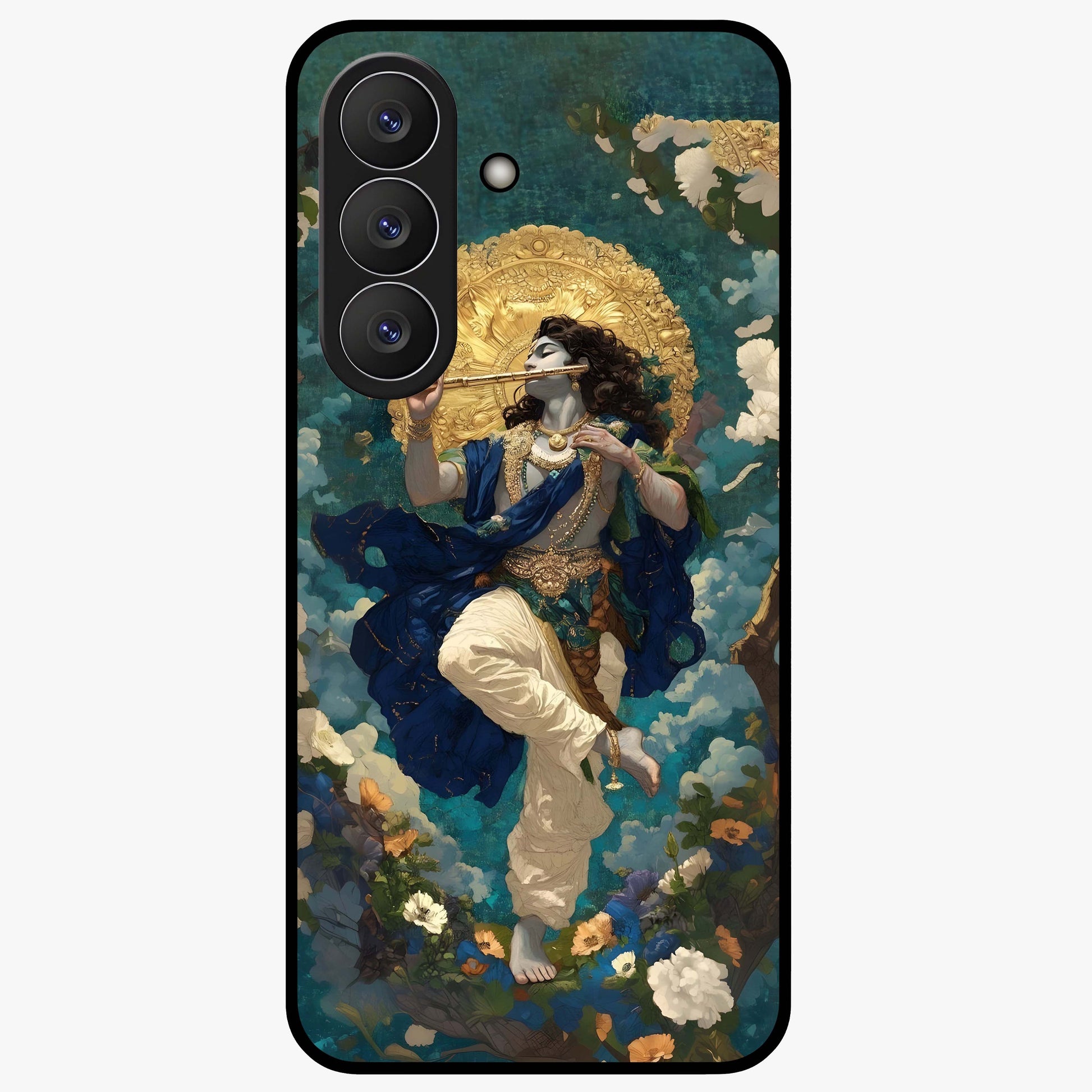 Divine Krishna Art Glass Case showing flat back view with Lord Krishna artwork and glossy glass finish.