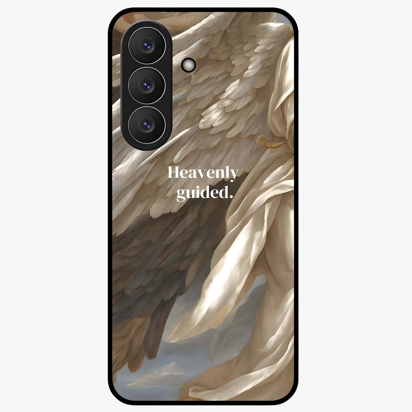 Divine Winged Grace Glass Case showing flat back view with elegant wing inspired artwork and glossy glass finish.
