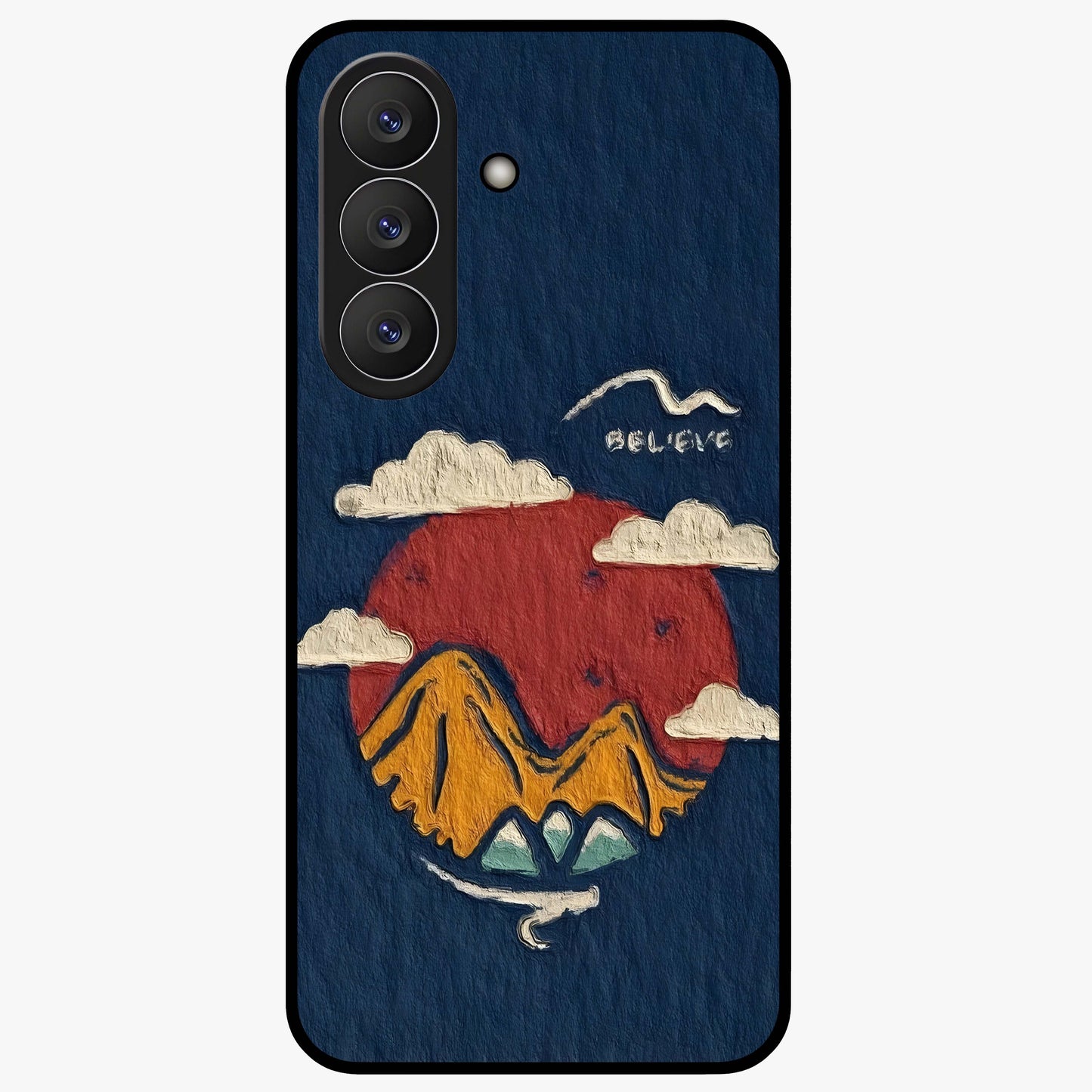 Dream Beyond Mountains Glass Case showing flat back view with scenic mountain landscape artwork and glossy glass finish.