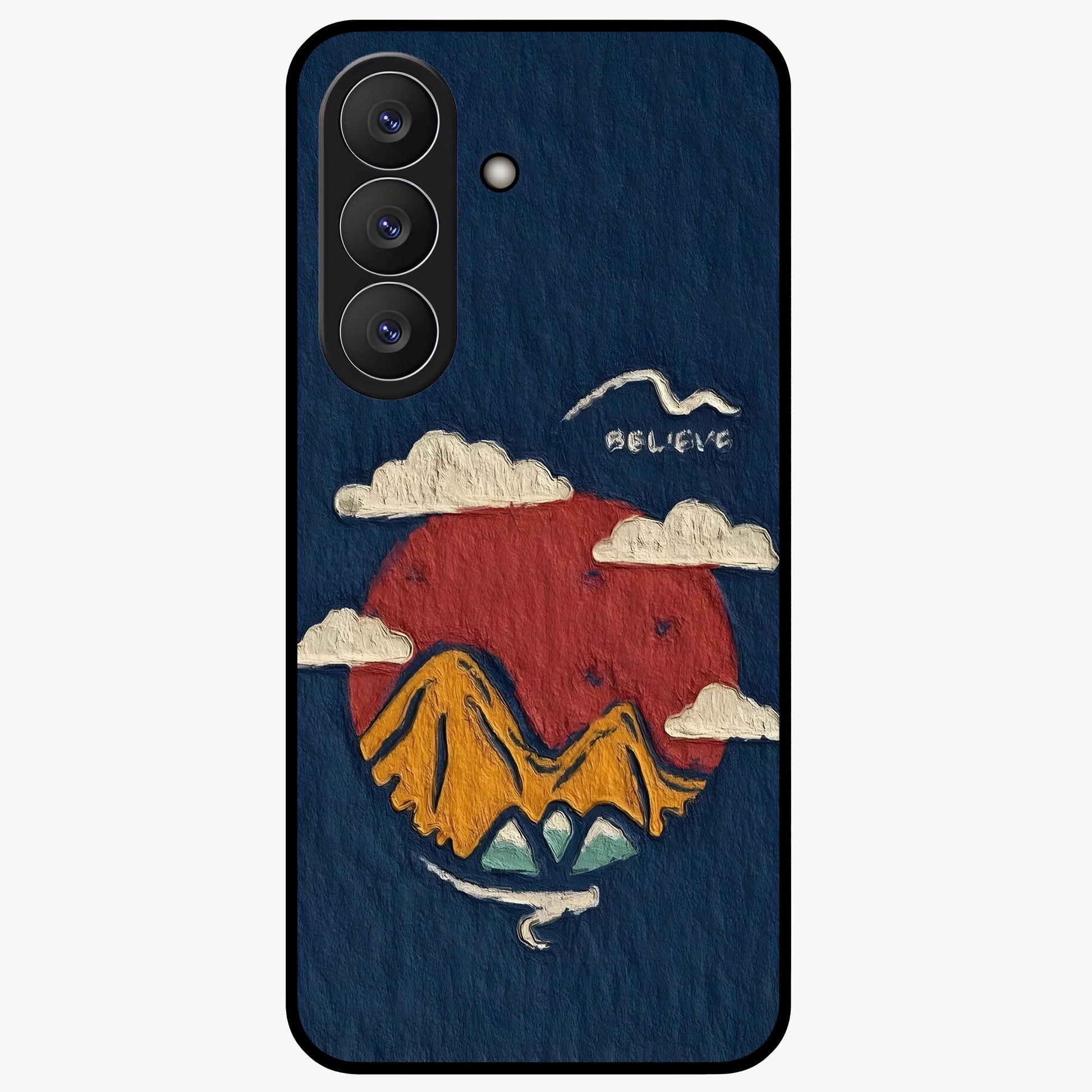 Dream Beyond Mountains Glass Case showing flat back view with scenic mountain landscape artwork and glossy glass finish.