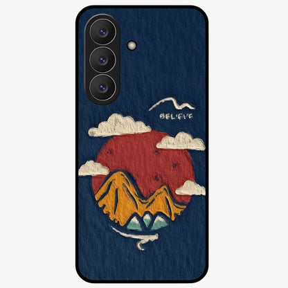 Dream Beyond Mountains Glass Case showing flat back view with scenic mountain landscape artwork and glossy glass finish.