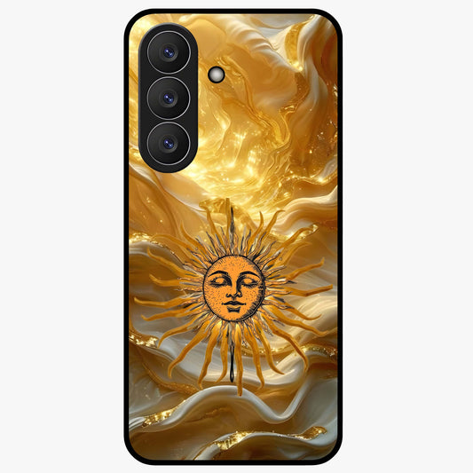 Eternal Golden Glow Glass Case showing flat back view with radiant golden themed artwork and glossy glass finish.