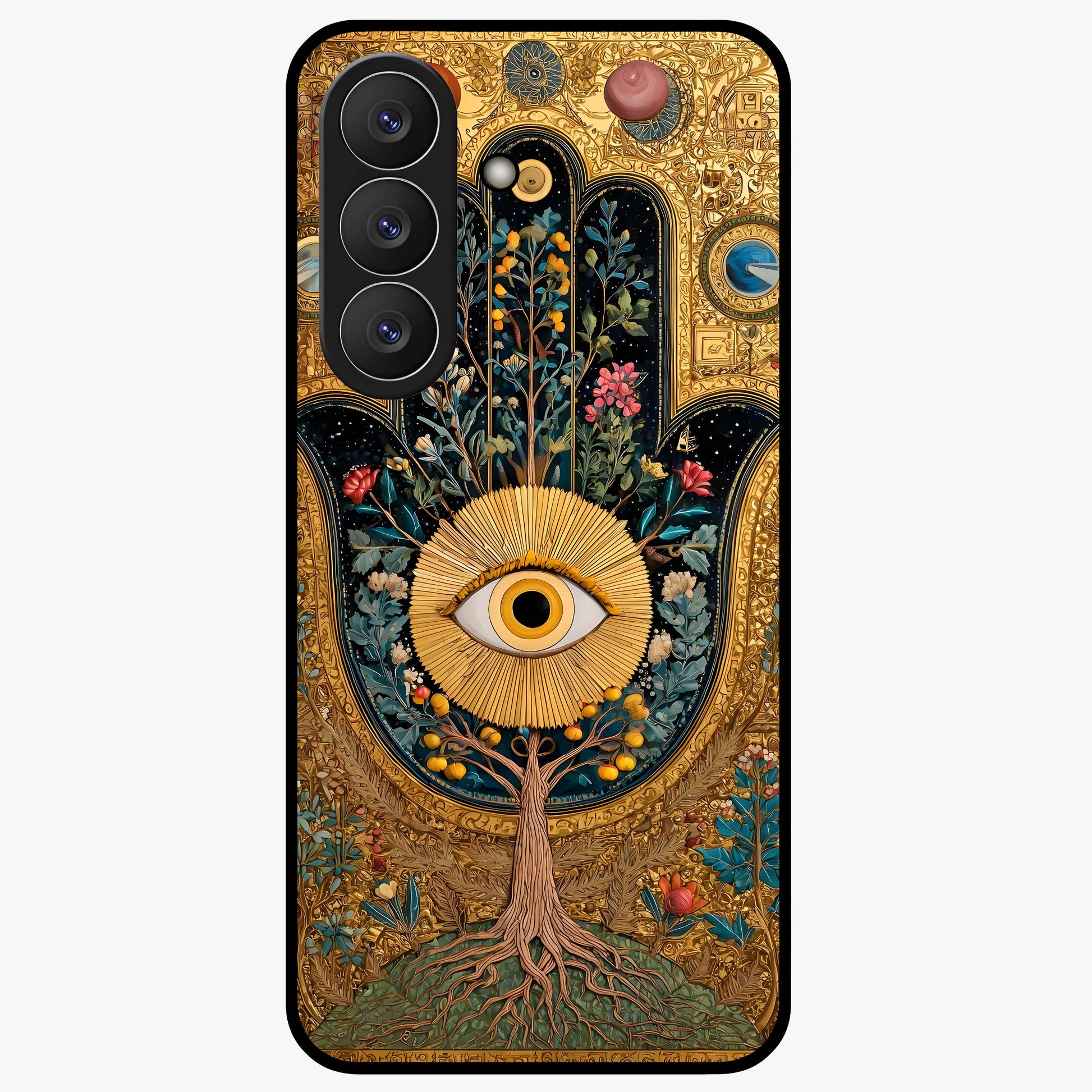Ethereal Evil Eye Glass Case showing flat back view with mystical evil eye artwork and glossy glass finish.