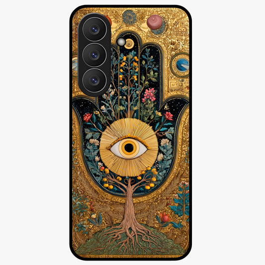 Ethereal Evil Eye Glass Case showing flat back view with mystical evil eye artwork and glossy glass finish.