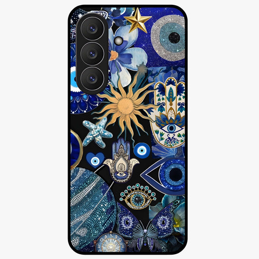 Evil Eye Charm Mix Glass Case showing flat back view with multiple evil eye charms artwork and glossy glass finish.