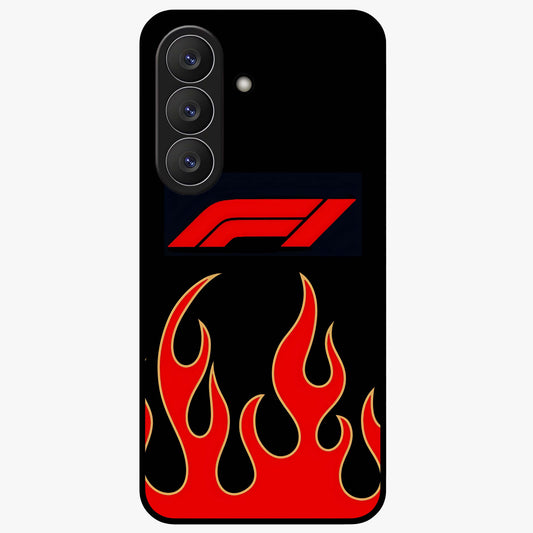 Fire F11 Glass Case showing flat back view with fiery themed artwork and glossy glass finish.