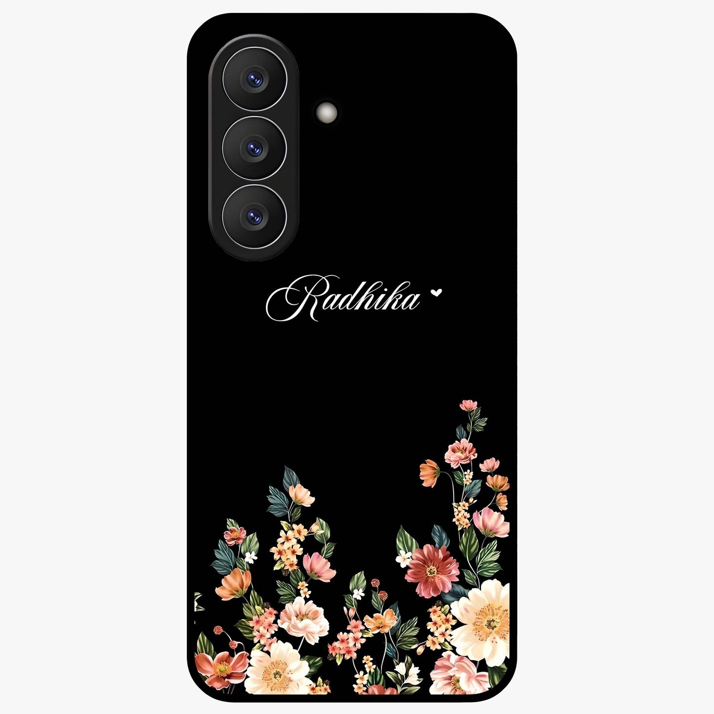 Floral Design With a Custom Personalized Name Glass Case showing flat back view with floral artwork and personalized name design.