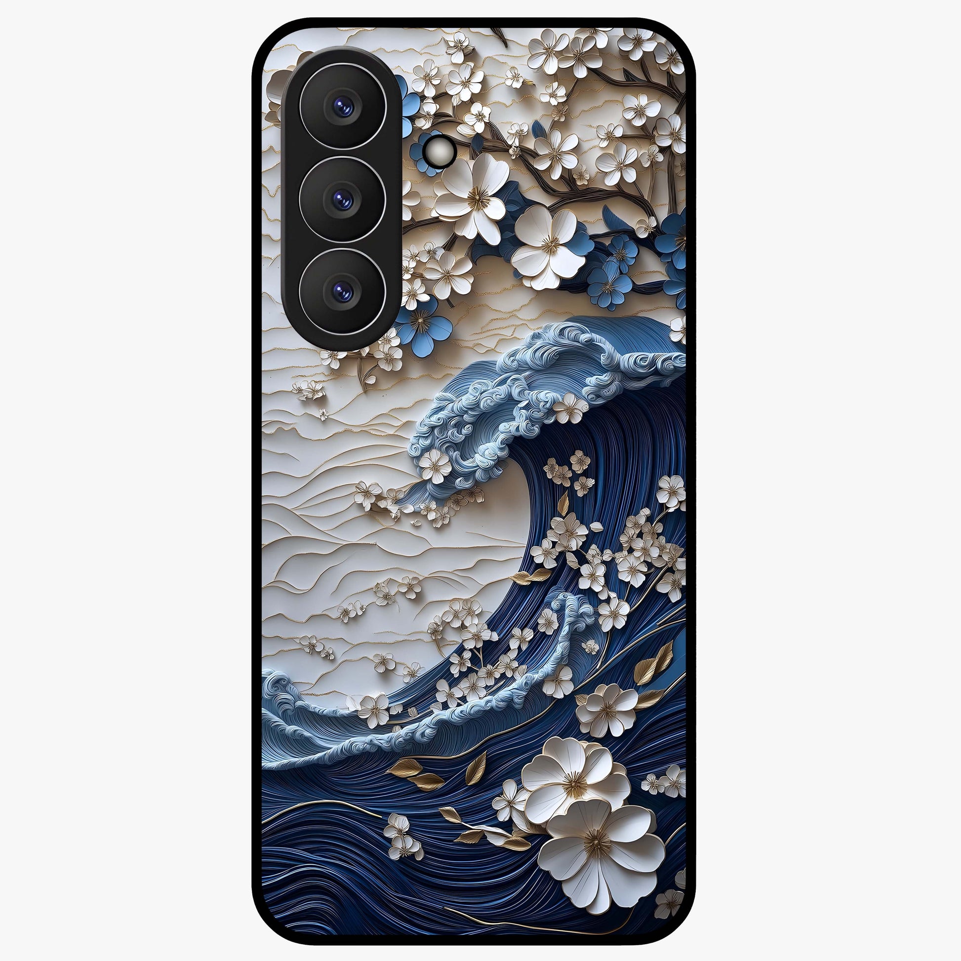 Floral Wave Origami Glass Case showing flat back view with origami inspired floral wave artwork and glossy glass finish.