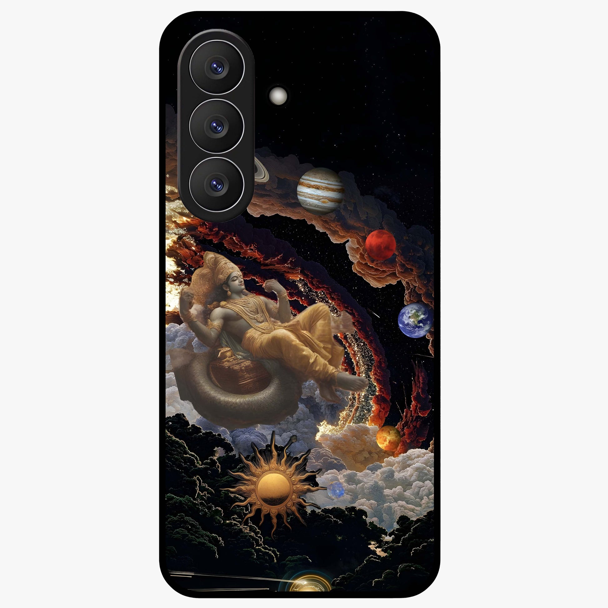 Galactic Divine God Glass Case showing flat back view with divine cosmic themed artwork and glossy glass finish.