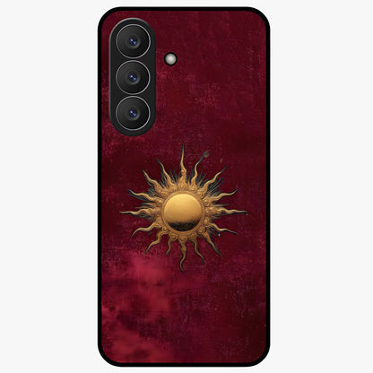 Gold Sun Blush Glass Case showing flat back view with golden sun inspired artwork and glossy glass finish.