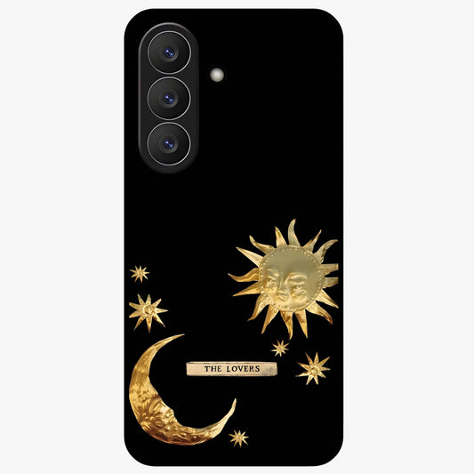 Golden Celestial Charm Glass Case showing flat back view with golden celestial charm artwork and glossy glass finish.