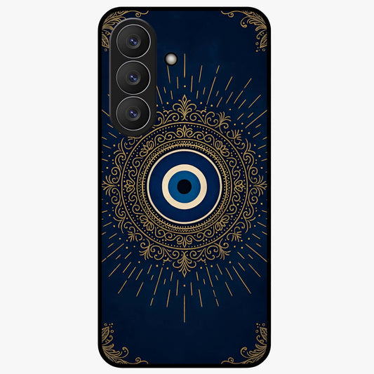 Golden Evil Eye Mandala Glass Case showing flat back view with intricate evil eye mandala artwork and glossy glass finish.