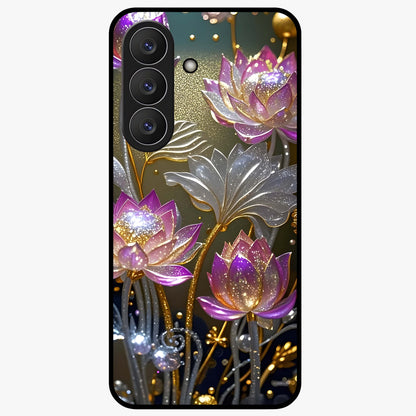 Golden Lotus Glow Glass Case showing flat back view with glowing lotus flower artwork and glossy glass finish.
