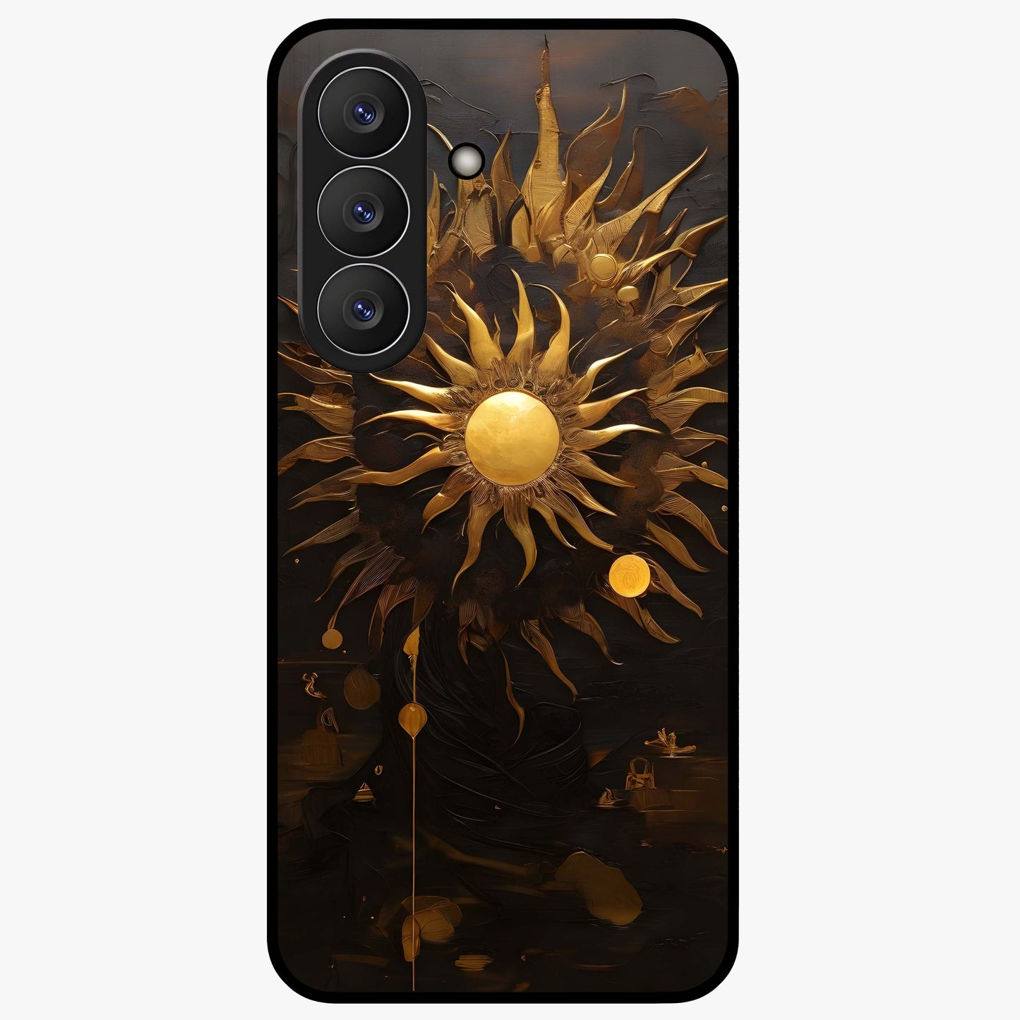 Golden Sun Majesty Glass Case showing flat back view with radiant golden sun artwork and glossy glass finish.
